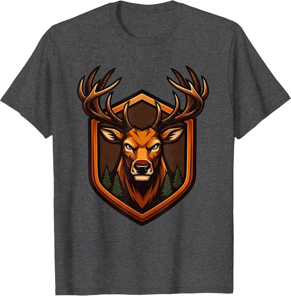 Men's Buck Deer Silhouette Autumn Forest Hunting Design T-Shirt - Dark Heather Grey