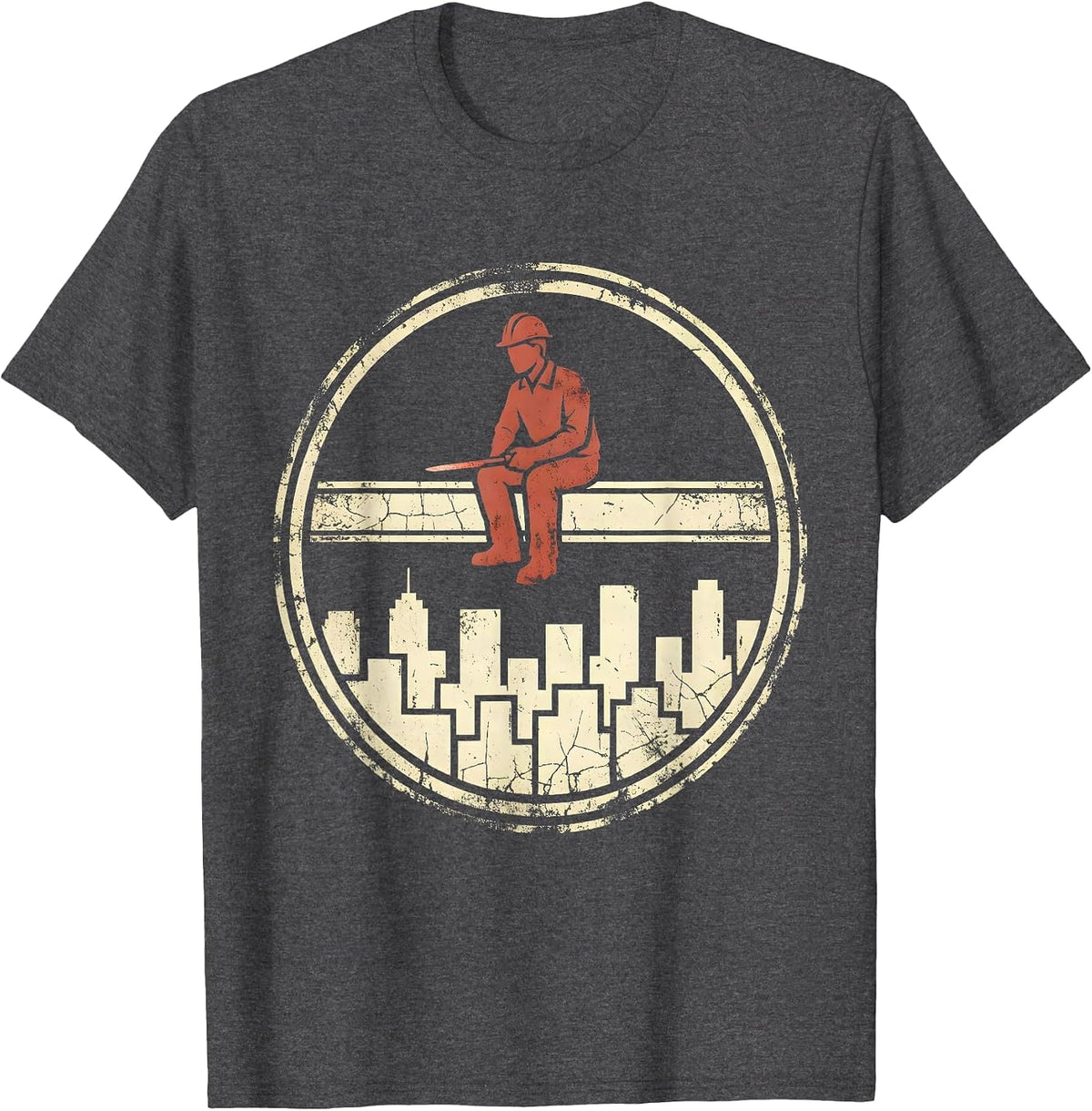 Ironworker on Beam Above City Skyline T-Shirt - Dark Heather Grey