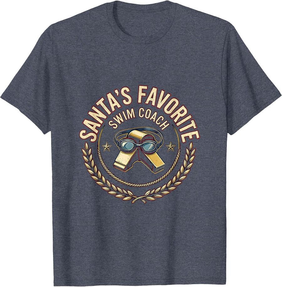 Santa's Favorite Swim Coach Funny Christmas Swim Coach Gift T-Shirt - Heather Blue