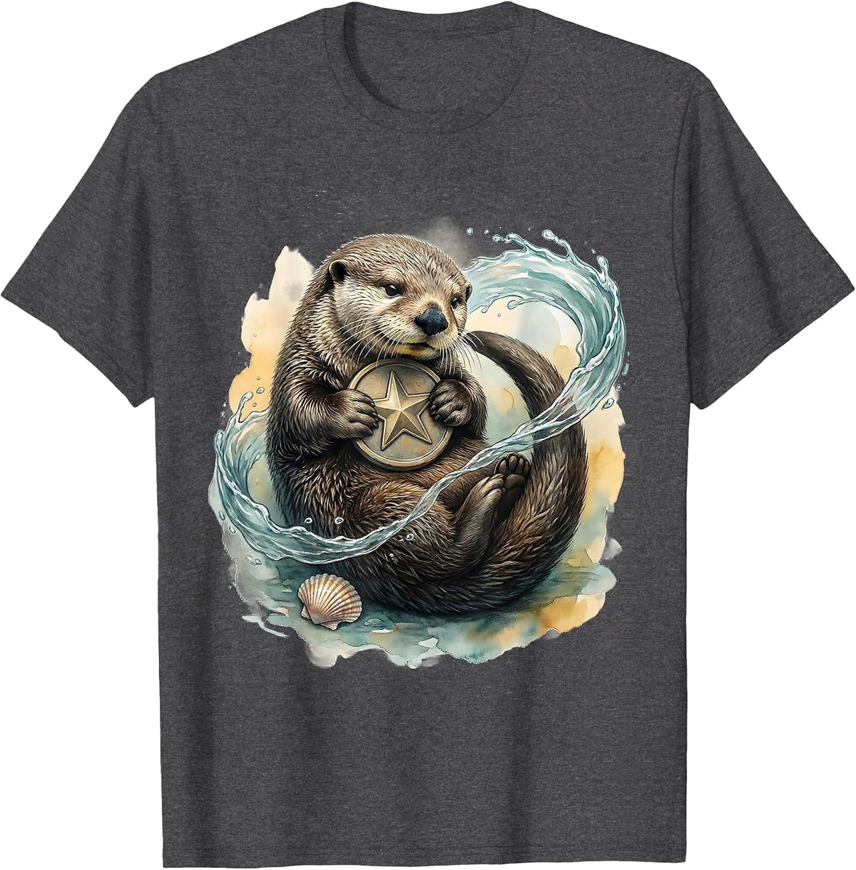 Curled Sea Otter Star Hug Watercolor Otter Lover Gift T-Shirt - Dark Heather Grey