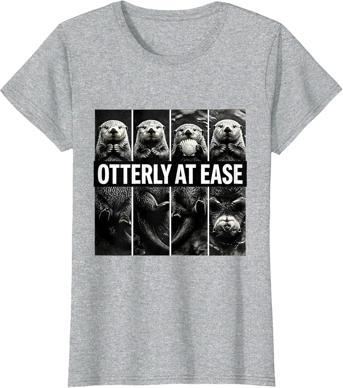 Otterly At Ease Monochrome Multi-Panel Sea Otter Humor T-Shirt - Heather Grey