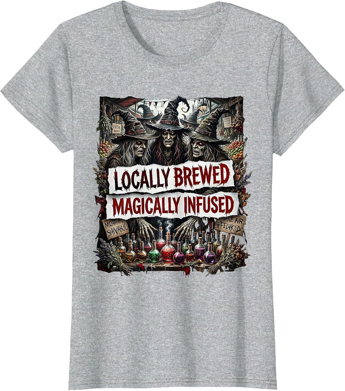 Women's Locally Brewed Magically Infused Witch Coven Design T-Shirt - Heather Grey