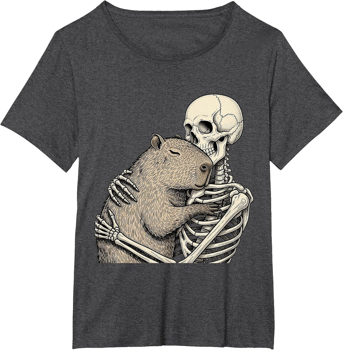 Skeleton Hugging Capybara Halloween Capy Lover Spooky Season T-Shirt - Dark Heather Grey