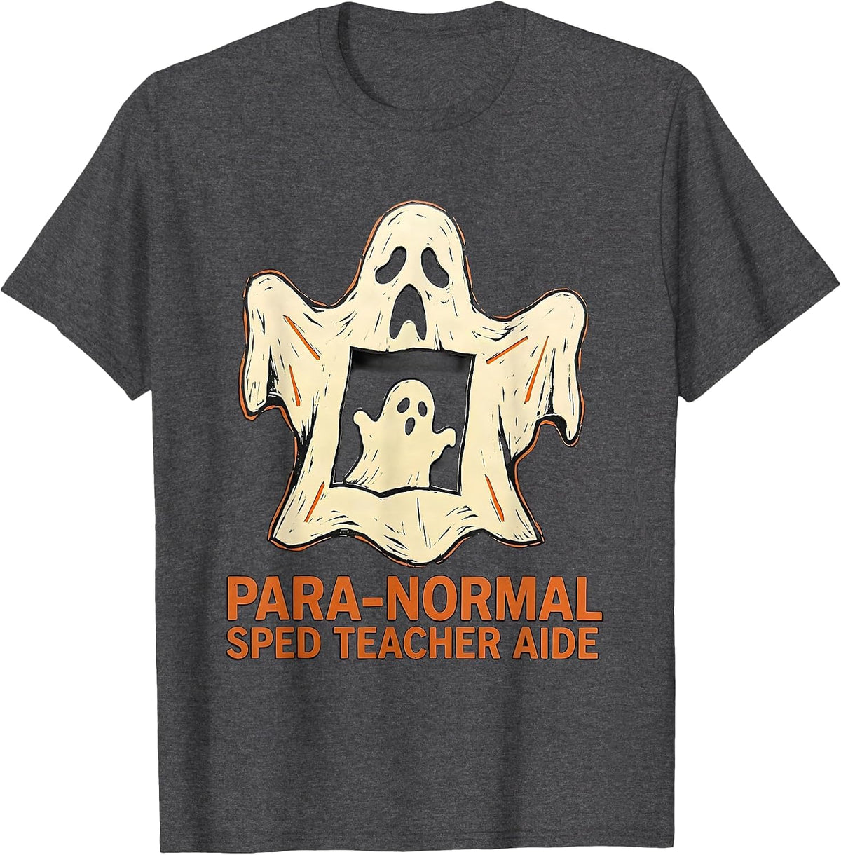 Men's Para-Normal SPED Teacher Aide Ghost Linocut Halloween T-Shirt - Dark Heather Grey