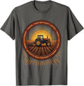 Tractor Plowing Field Open Blue Sky Illustration T-Shirt - Asphalt Grey