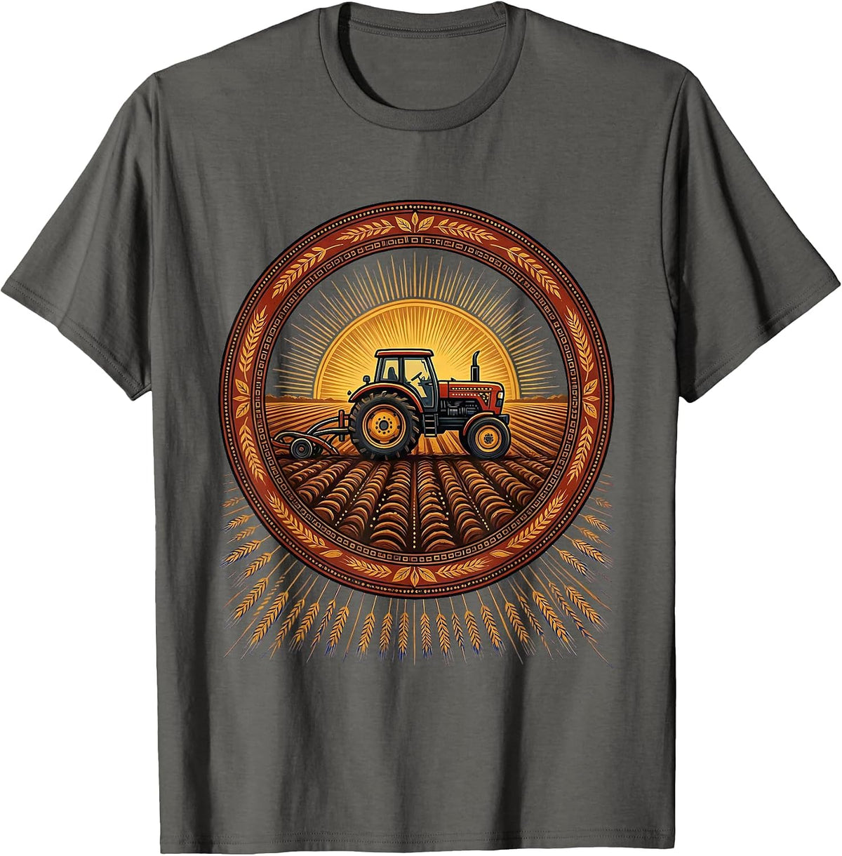 Tractor Plowing Field Open Blue Sky Illustration T-Shirt - Asphalt Grey