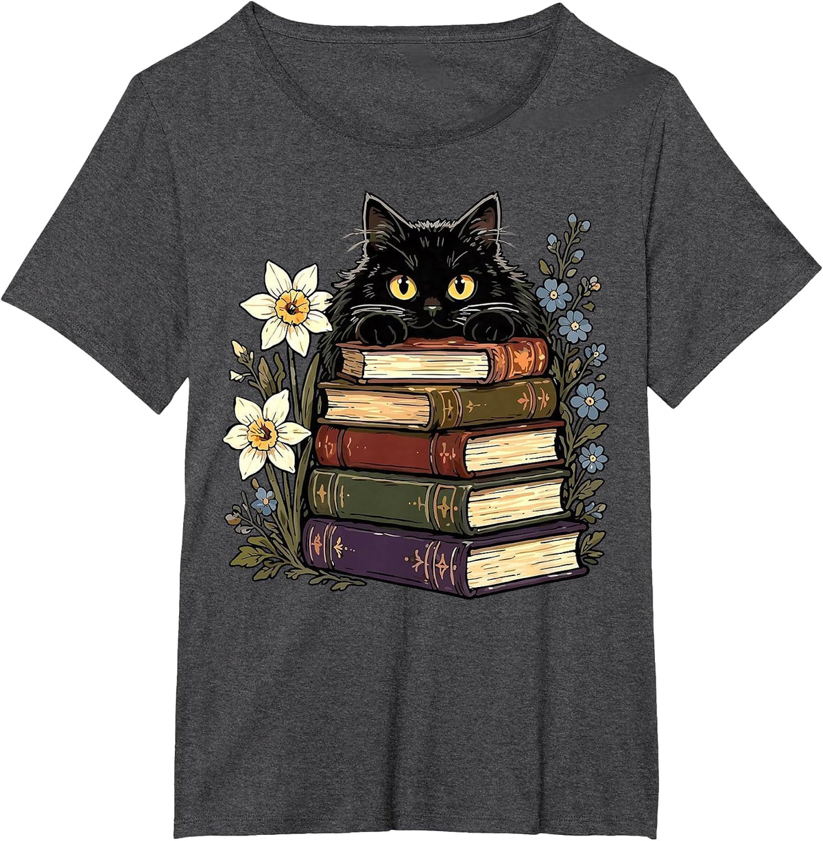 Black Cat Book Lover T-Shirt - Dark Heather Grey