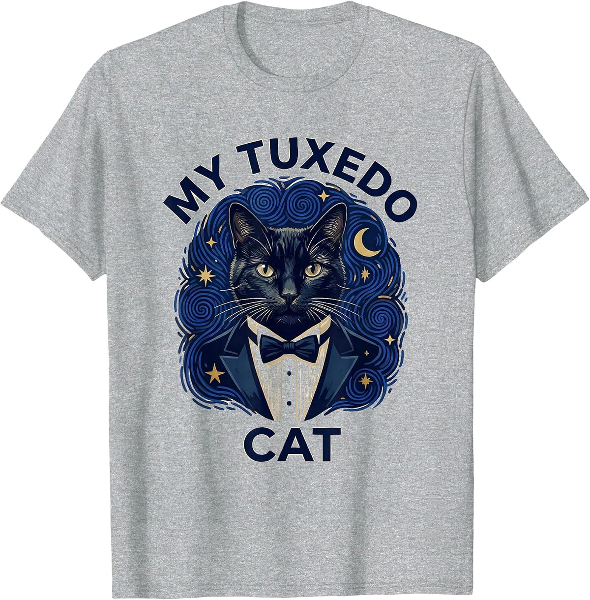 Men's My Tuxedo Cat Artistic Van Gogh Starry Night Pet Portrait T-Shirt - Heather Grey