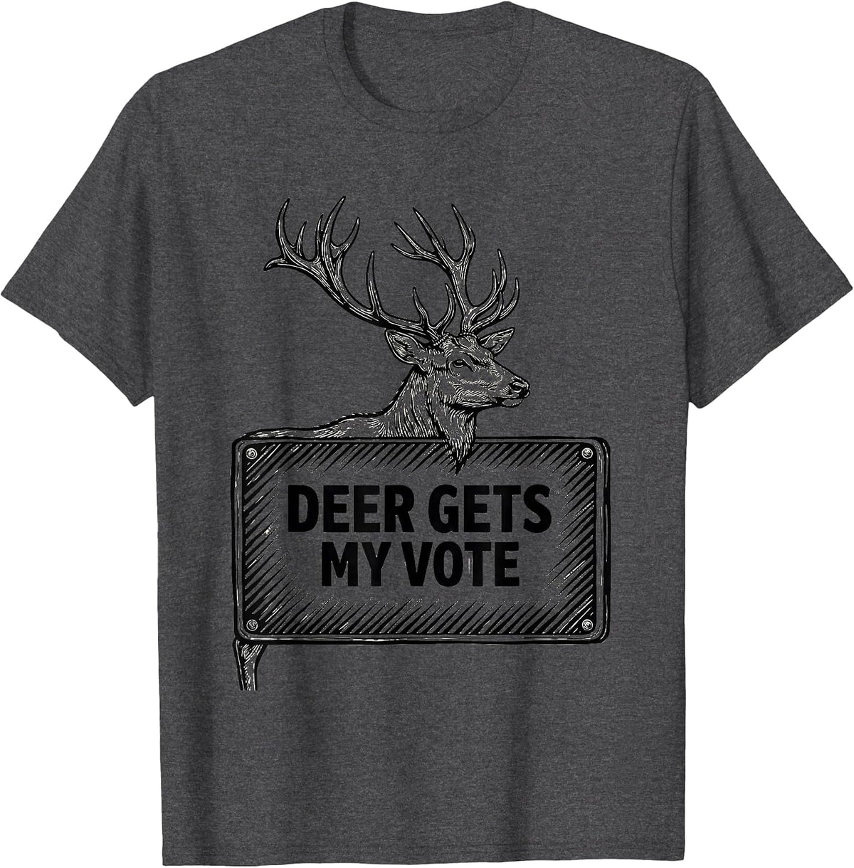 Men's Deer Gets My Vote Funny Outdoor Deer Hunting Camo Humor T-Shirt - Dark Heather Grey