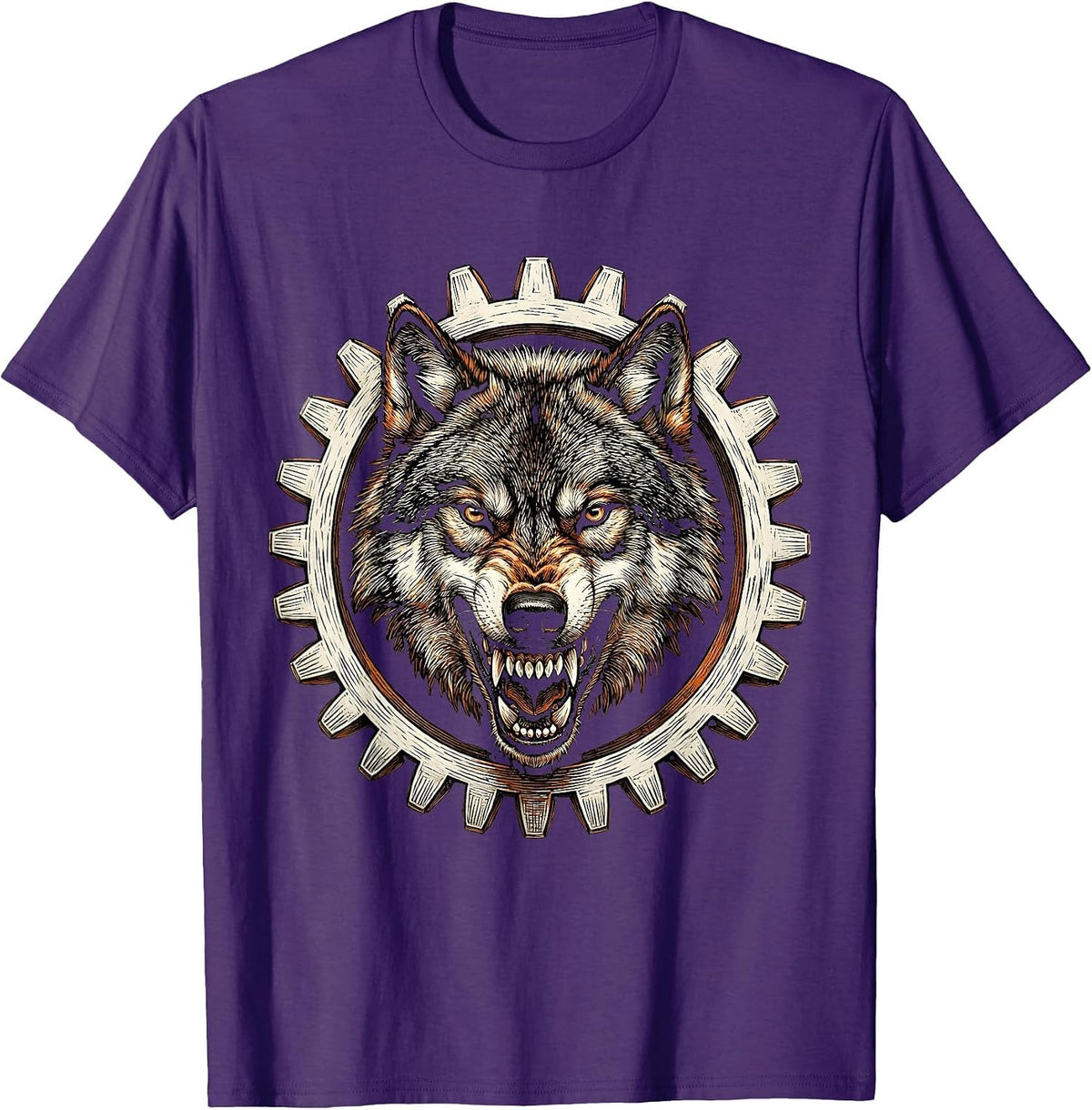 Men's Wolf Head Motorcycle Sprocket Gear Graphic T-Shirt - Purple