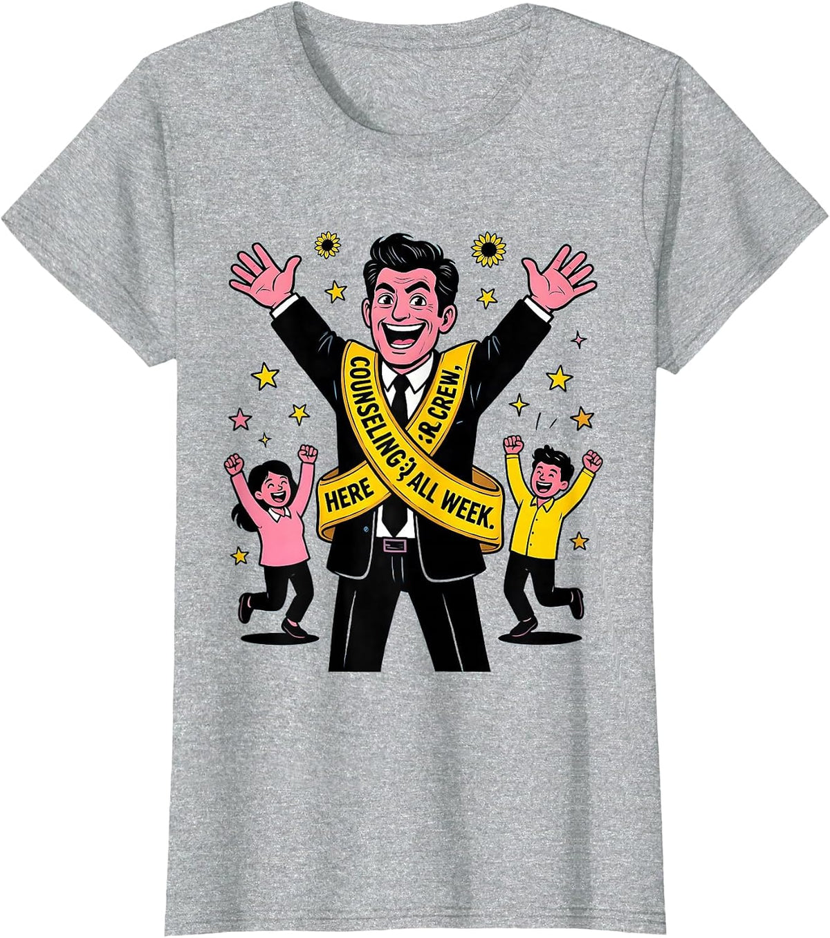 Counseling Crew Here All Week Cartoon School Counselor T-Shirt - Heather Grey