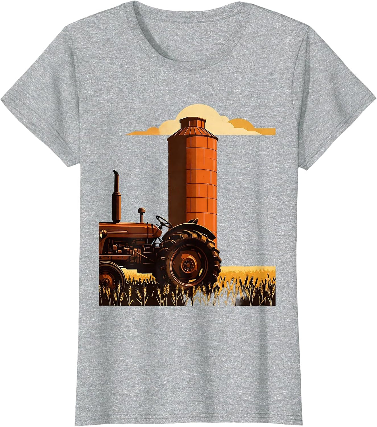 Nebraska Vintage Tractor and Grain Silo Illustration T-Shirt - Heather Grey
