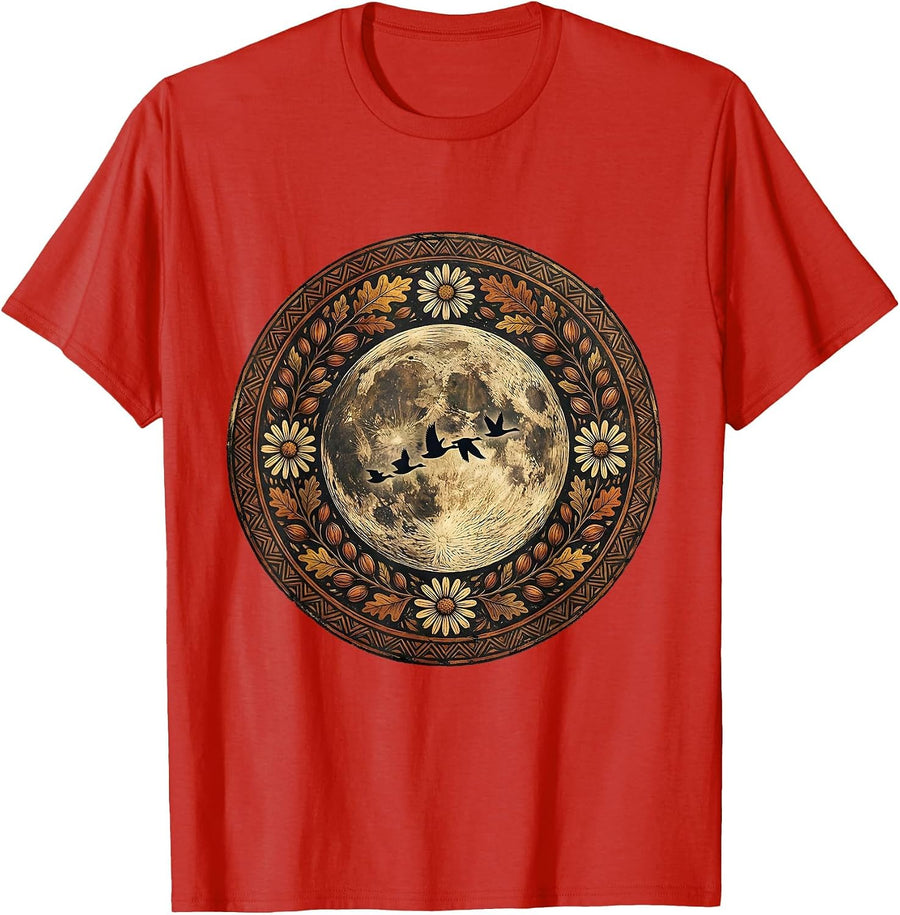 Men's Harvest Moon Flying Geese Fall Season Design T-Shirt - Red