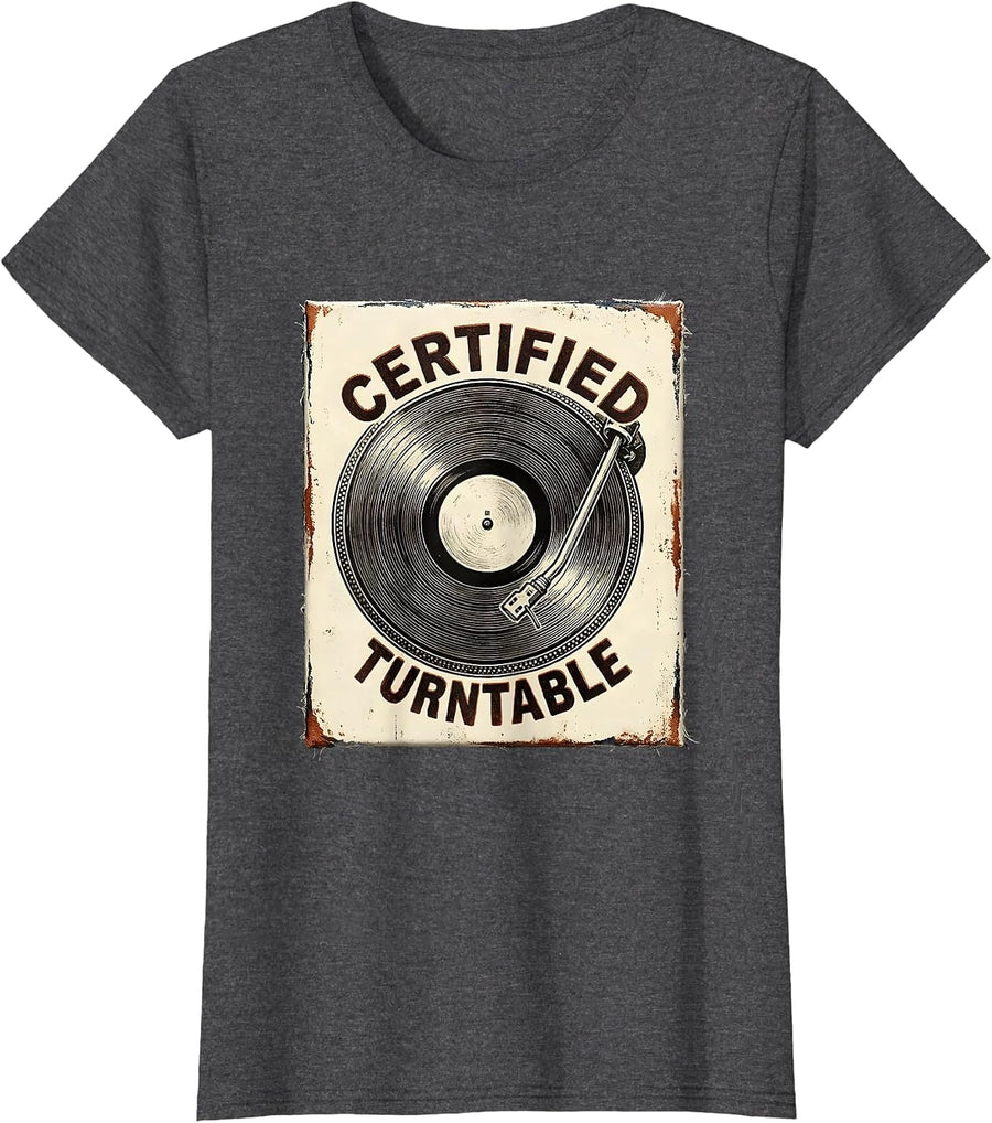Women's Certified Turntable Vintage Rubber Stamp Retro Hip Hop DJ T-Shirt - Dark Heather Grey