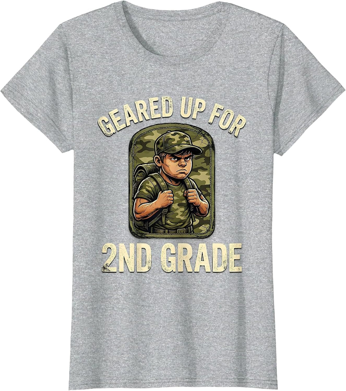 Women's Geared Up For 2nd Grade Distressed Camo Back To School Boy T-Shirt - Heather Grey
