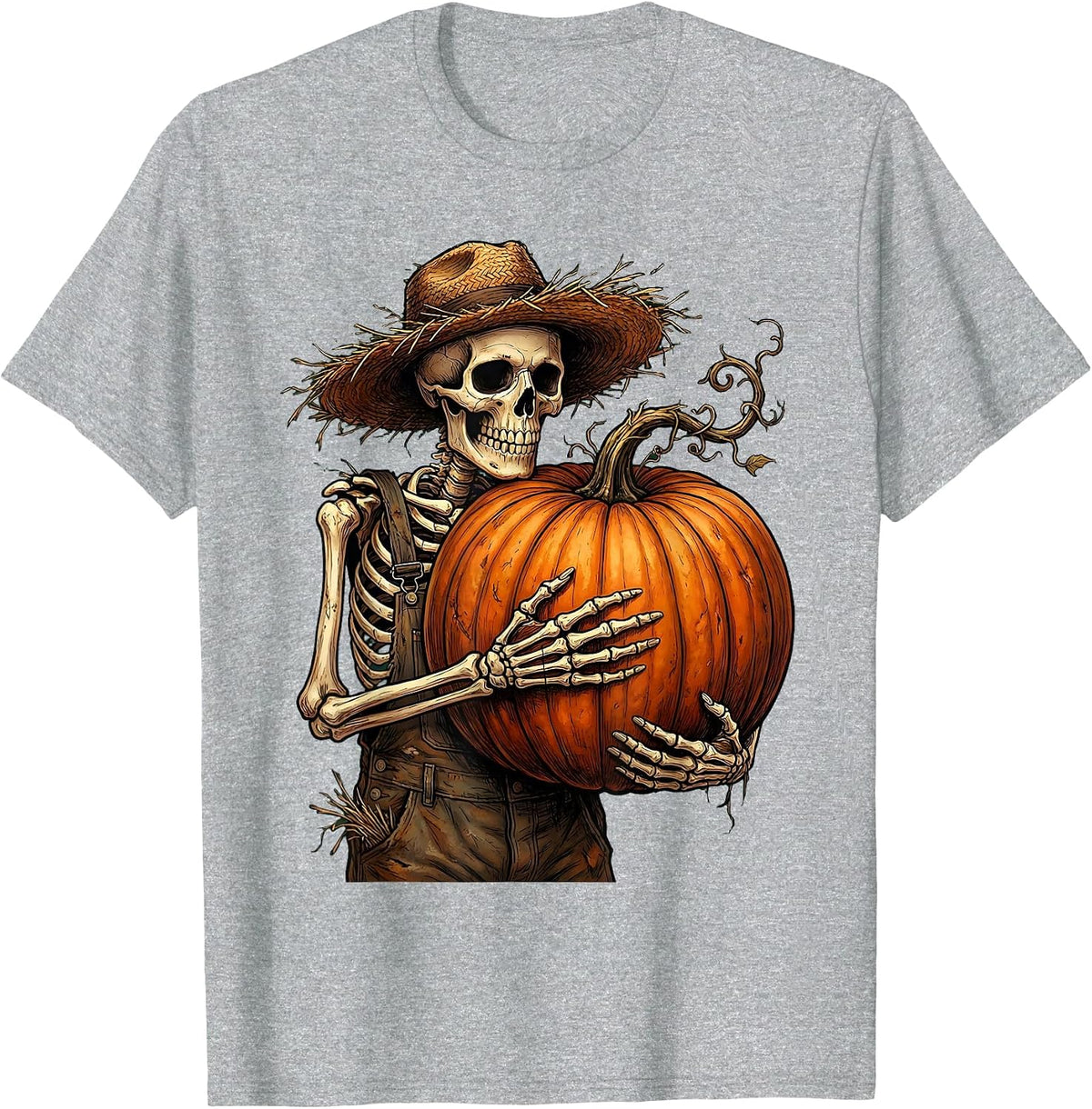 Men's Skeleton Farmer Cradling Pumpkin Halloween Design T-Shirt - Heather Grey