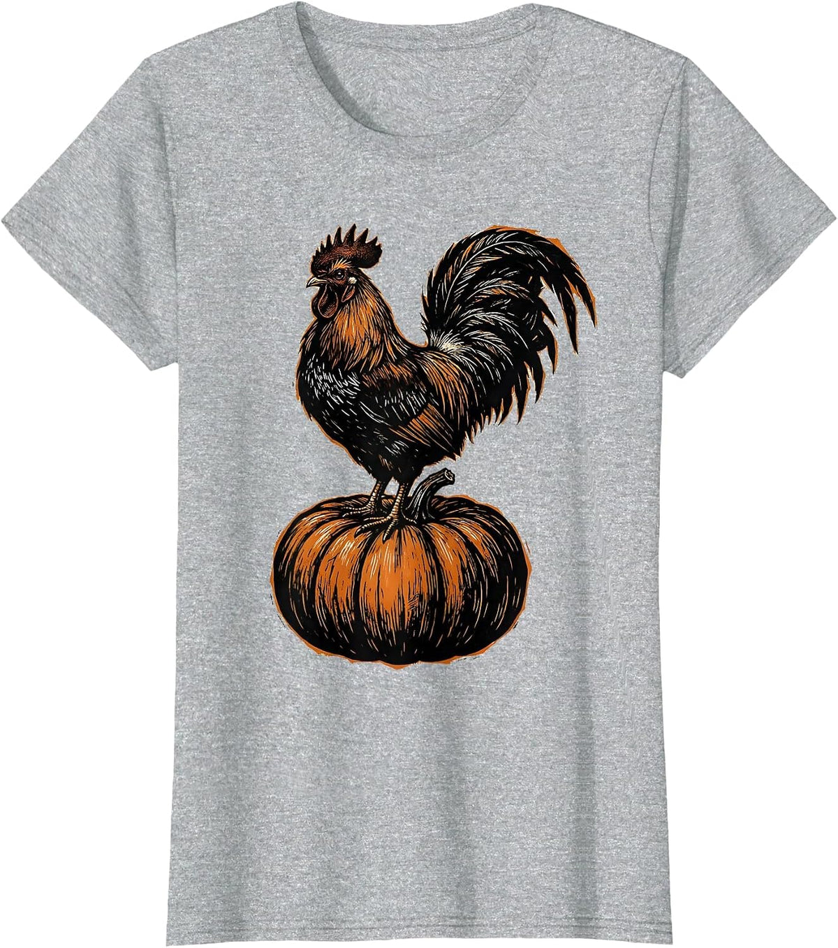 Rooster on a Pumpkin Proud Harvest Illustration T-Shirt - Heather Grey