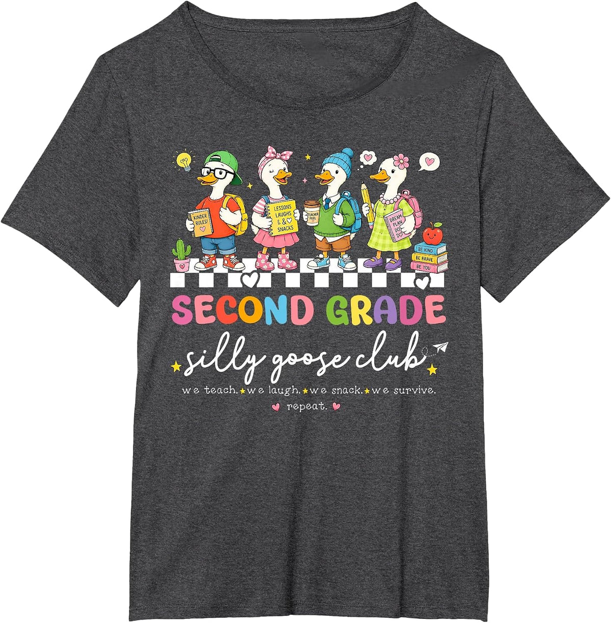 Back to School Second 2nd Grade Silly Goose Club Teacher Kid T-Shirt - Dark Heather Grey