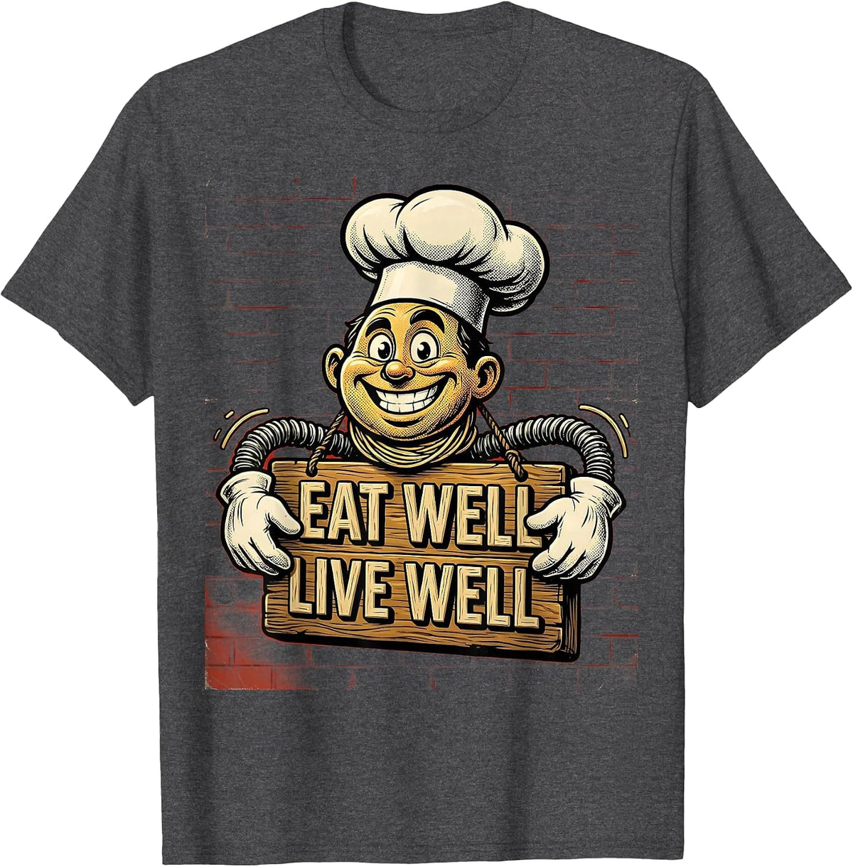 Men's Eat Well Live Well Chef Culinary Design T-Shirt - Dark Heather Grey