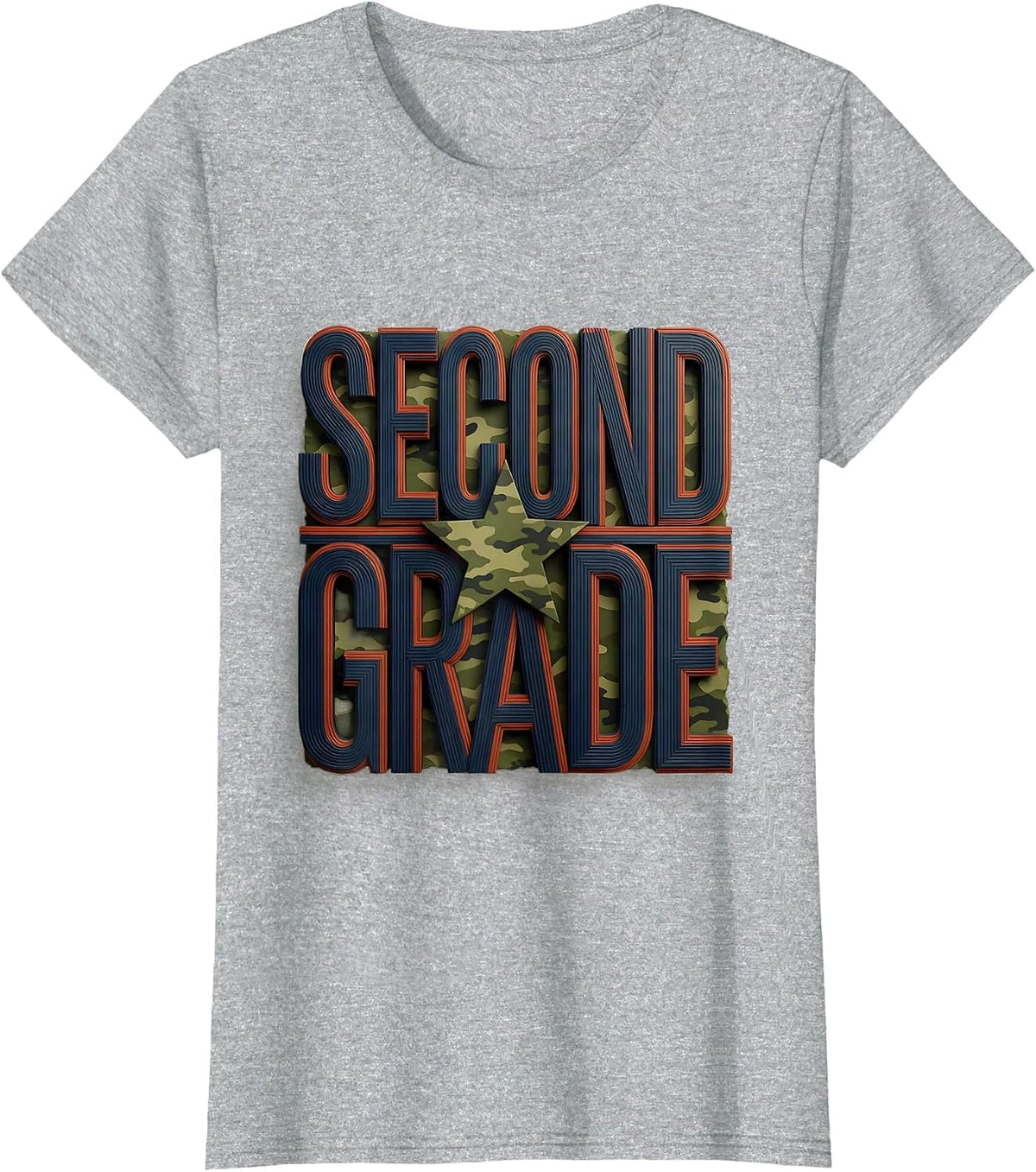 Women's Second Grade Wood Type Letterpress Patriotic Camo Back T-Shirt - Heather Grey