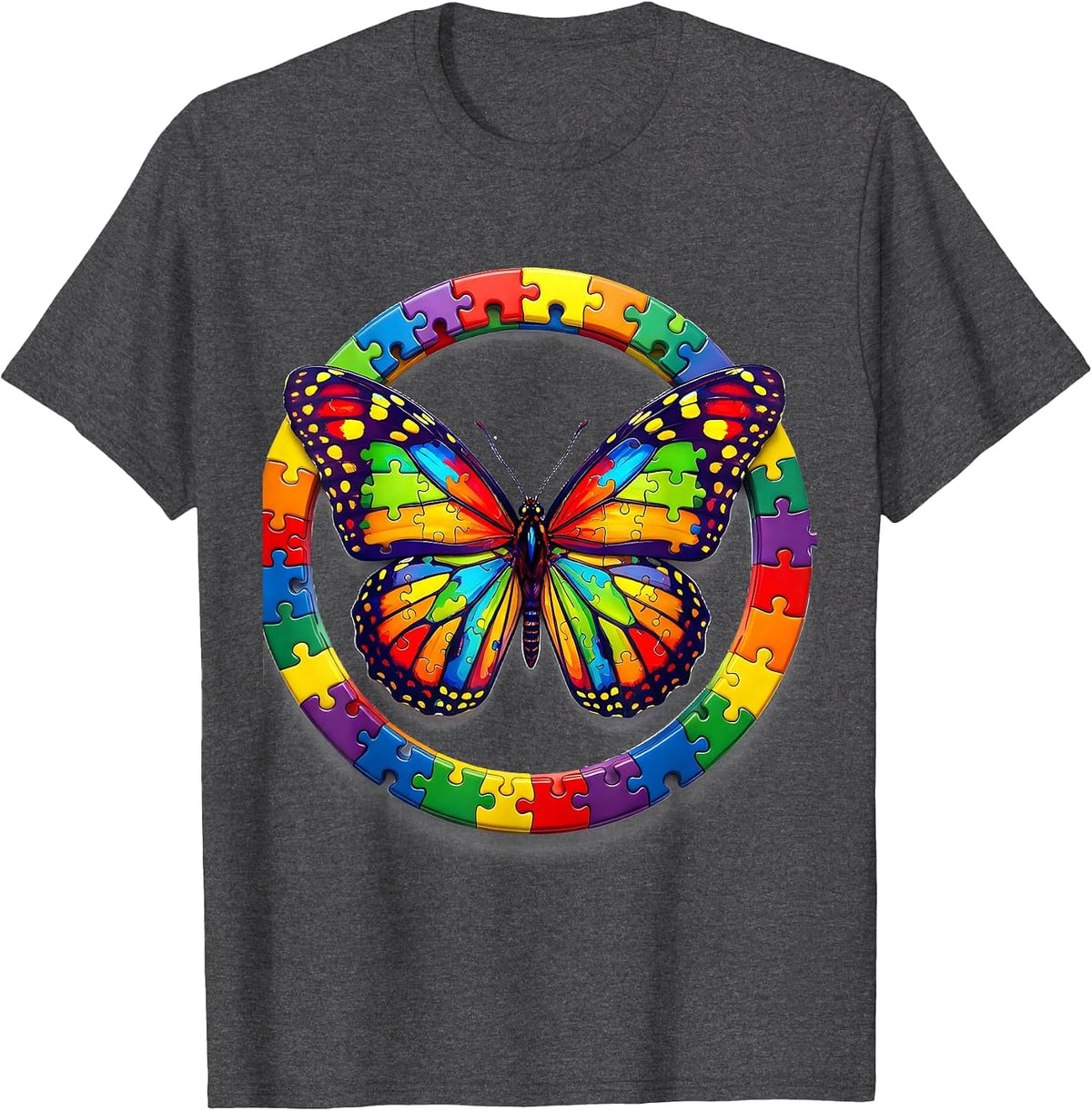 Men's Autism Awareness Colorful Puzzle Butterfly Design T-Shirt - Dark Heather Grey