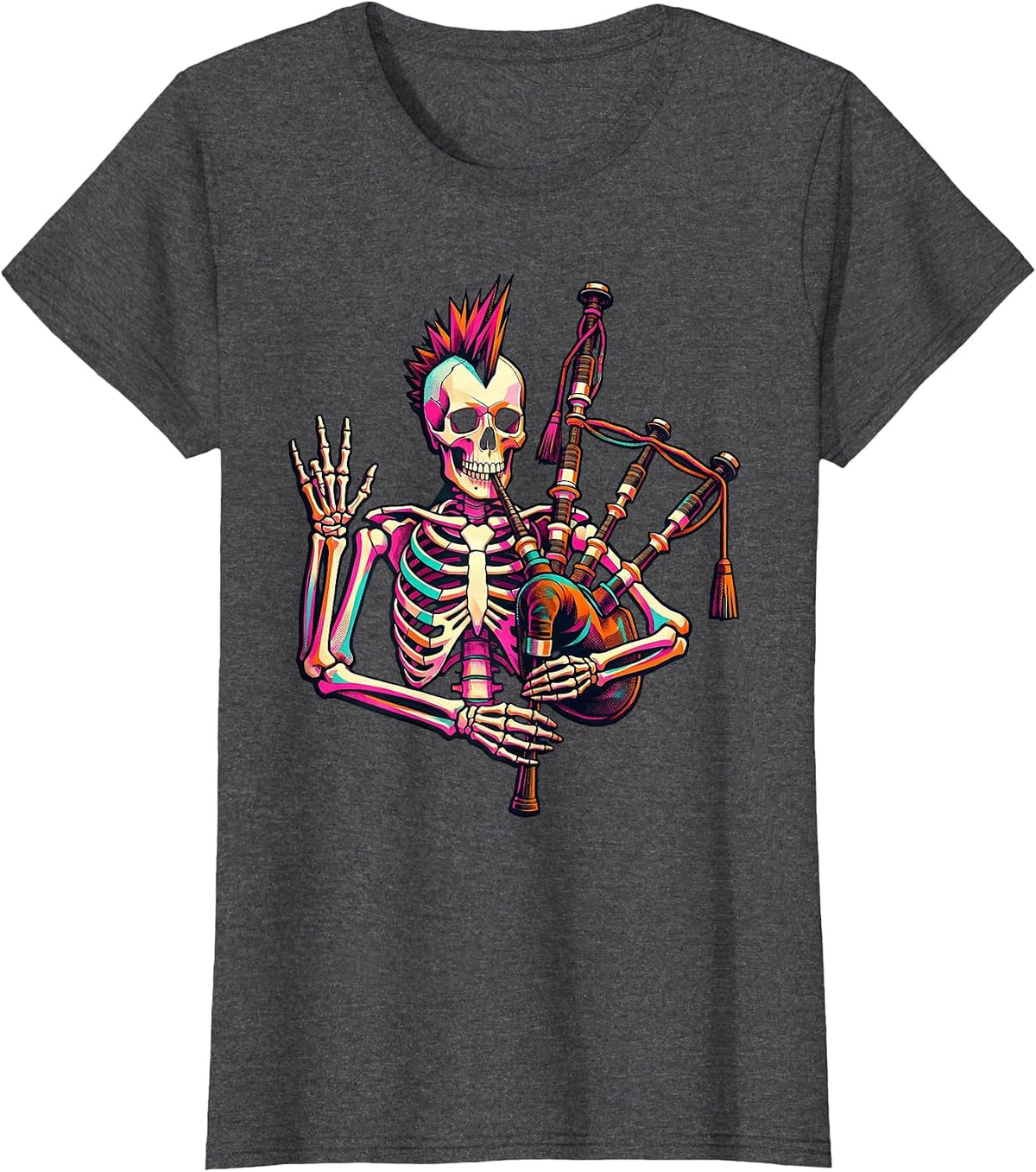 Women's Punk Skeleton Bagpipes Risograph Rock Music Fan T-Shirt - Dark Heather Grey