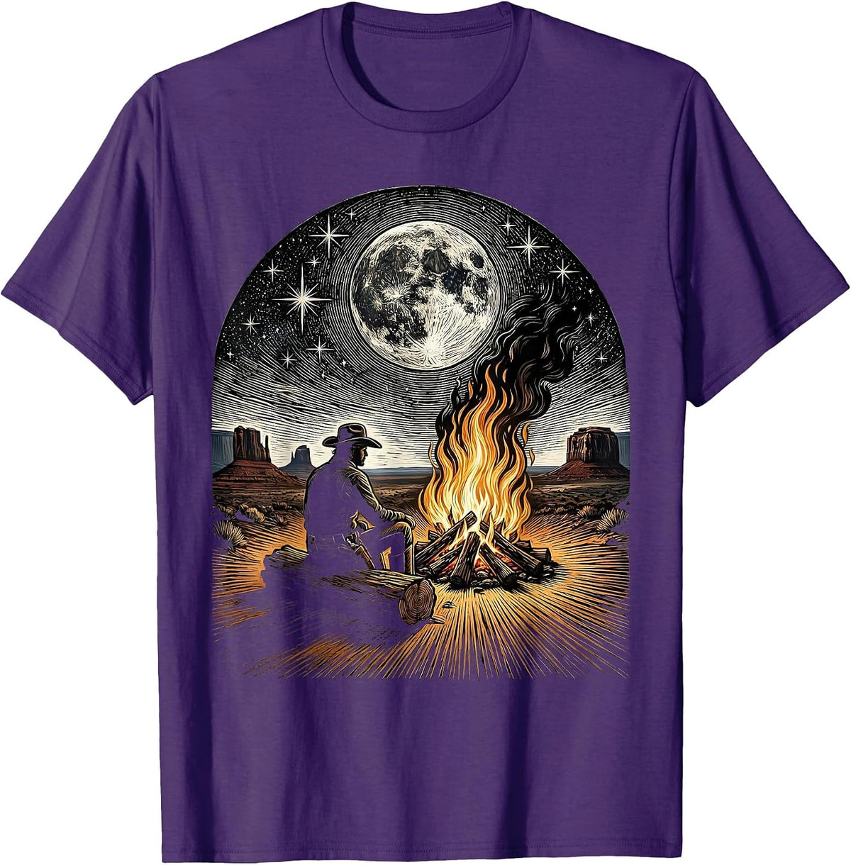 Men's Cowboy Campfire Starry Night Sky Graphic T-Shirt - Purple