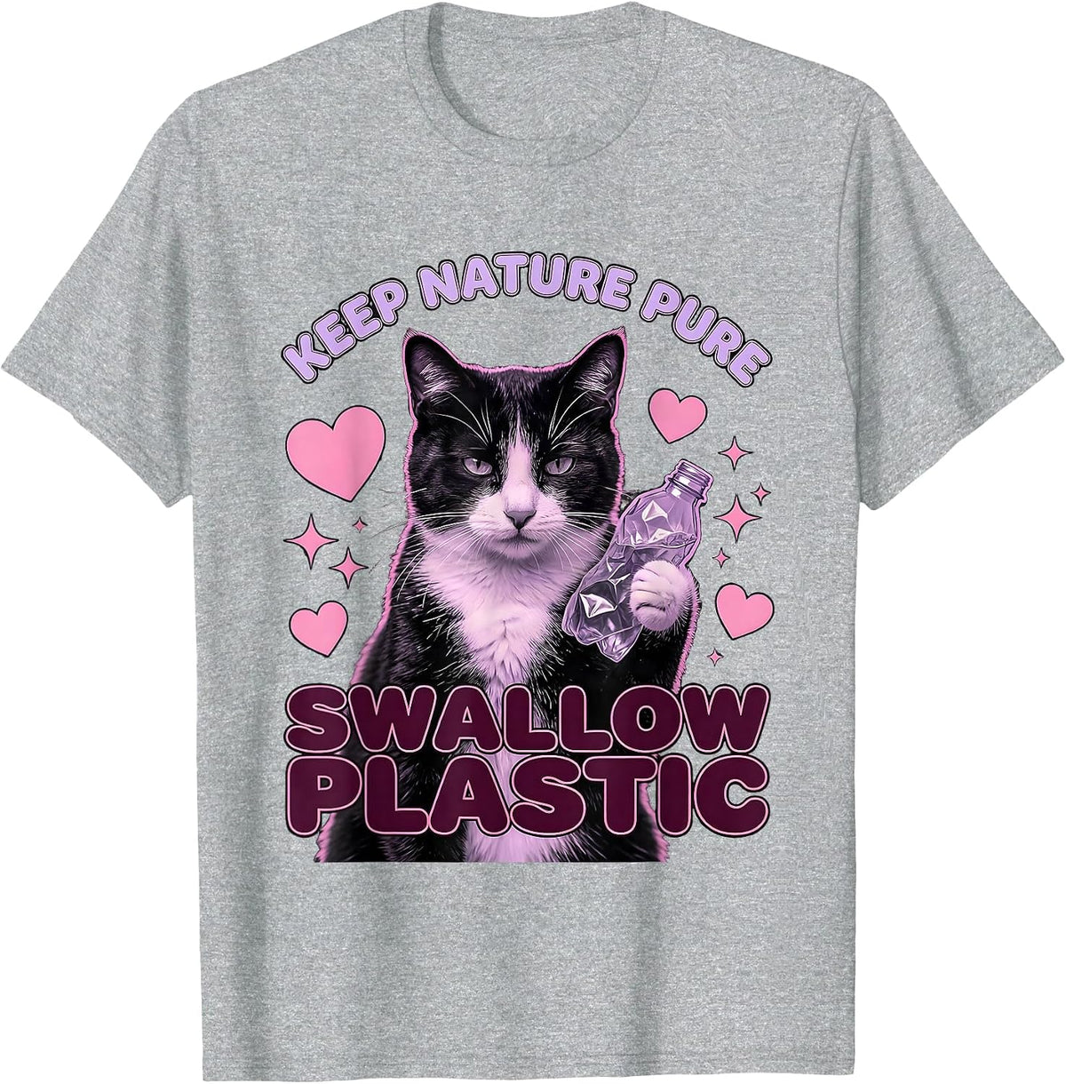 Men's Keep Nature Pure Swallow Plastic Cute Cat Meme Absurdist T-Shirt - Heather Grey