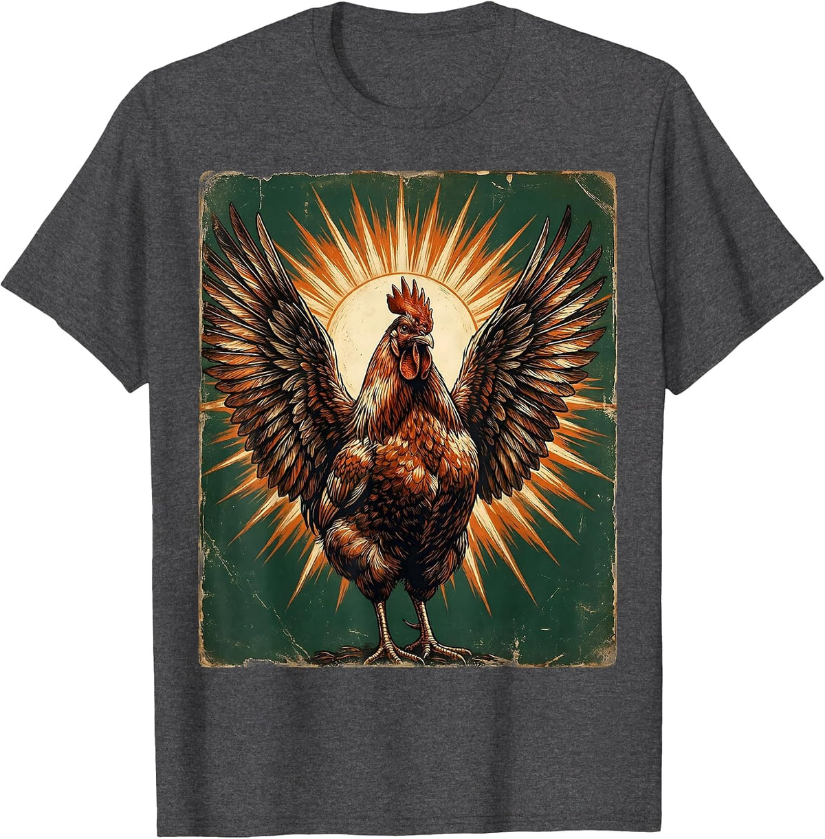 Hen Wings Spread Sun Chicken Art Design T-Shirt - Dark Heather Grey