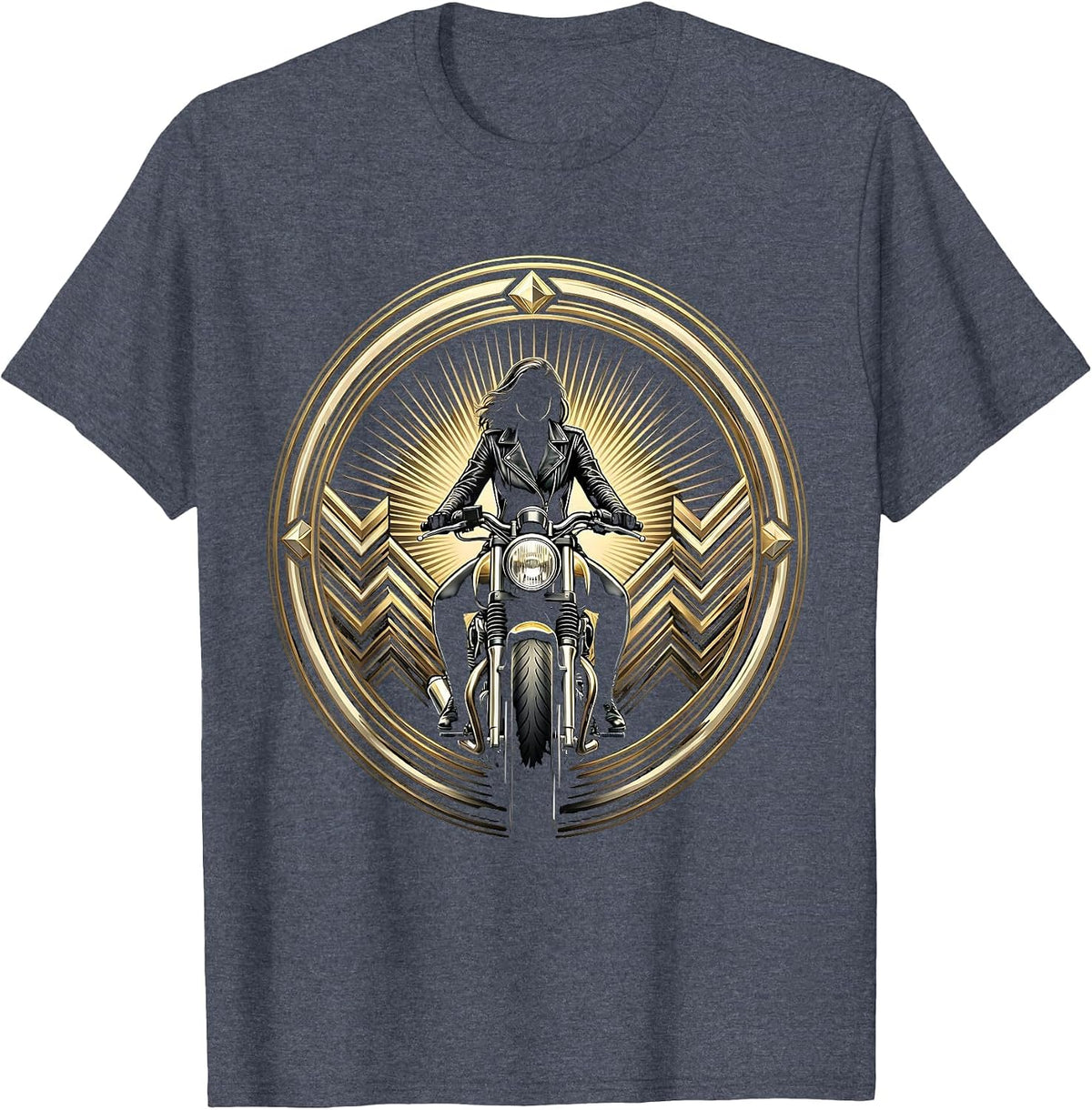 Leather Jacket Biker Straddling Motorcycle Graphic T-Shirt - Heather Blue