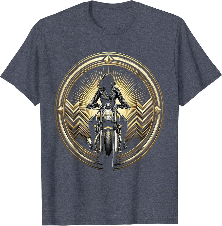 Leather Jacket Biker Straddling Motorcycle Graphic T-Shirt - Heather Blue