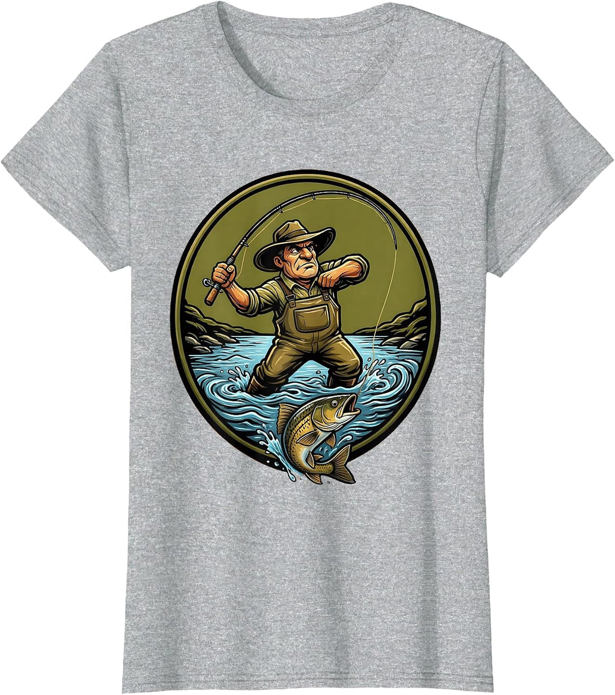 Fly Fisherman Waders and Fly Rod Graphic T-Shirt - Heather Grey