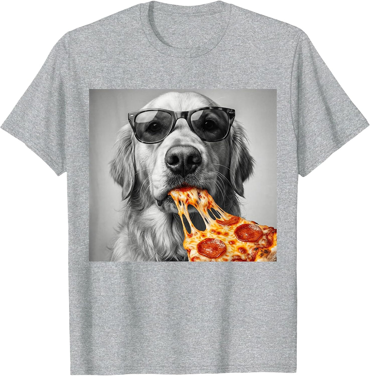Cool Golden Retriever Eating Pizza Sunglasses Funny Dog T-Shirt - Heather Grey