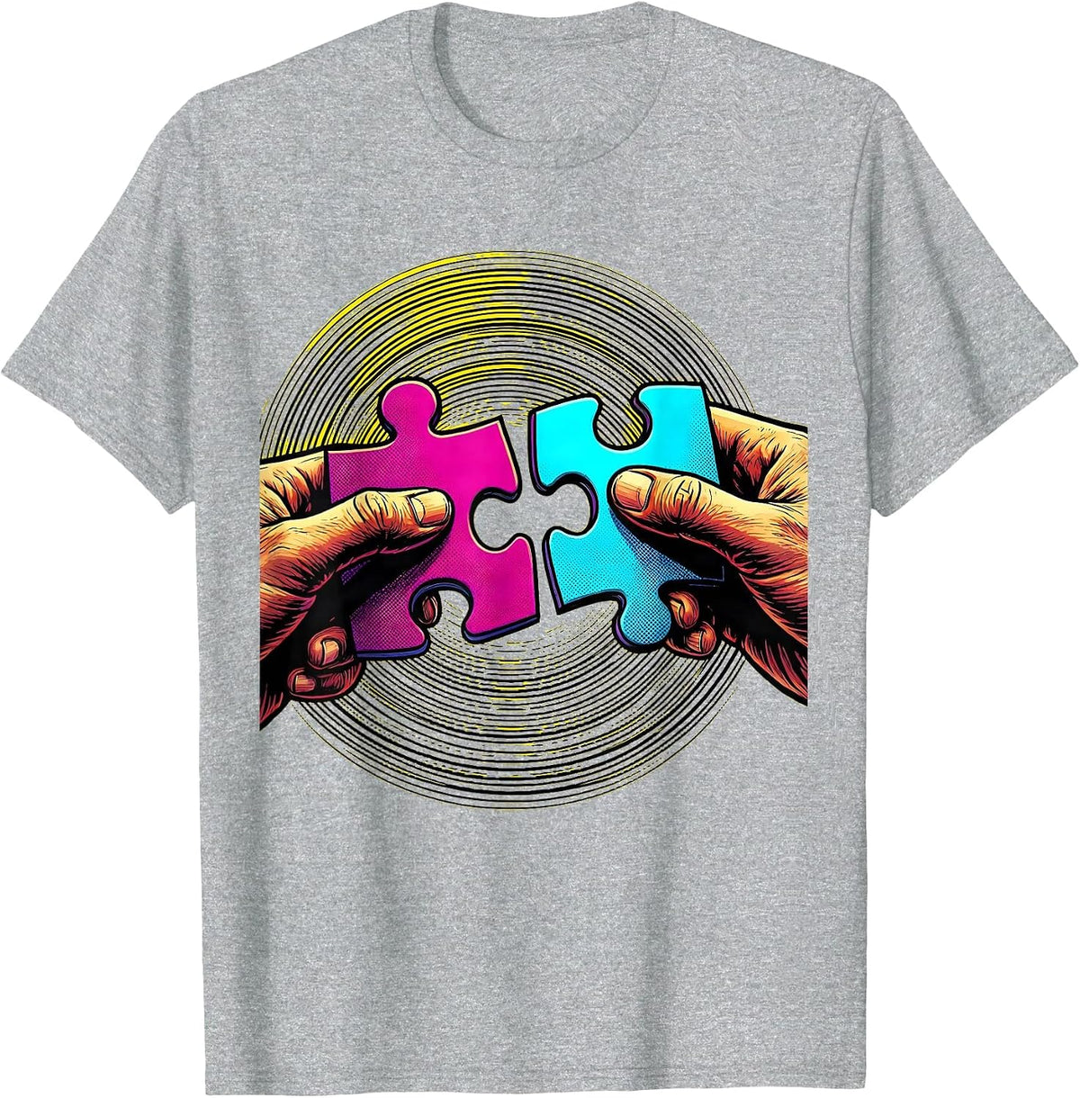 Men's Autism Awareness Puzzle Pieces Connecting Hands T-Shirt - Heather Grey