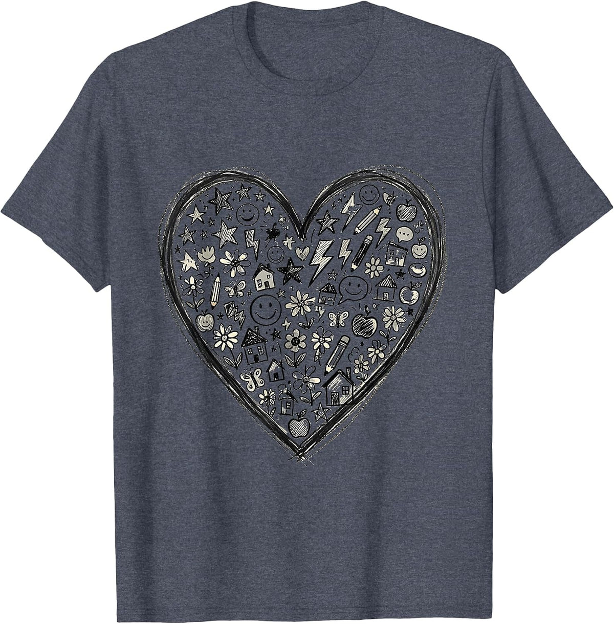 Sped Teacher Heart Chalkboard Doodle Design T-Shirt - Heather Blue