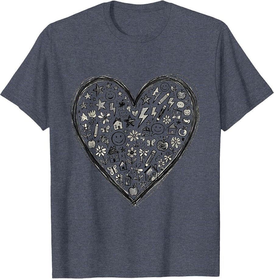Sped Teacher Heart Chalkboard Doodle Design T-Shirt - Heather Blue