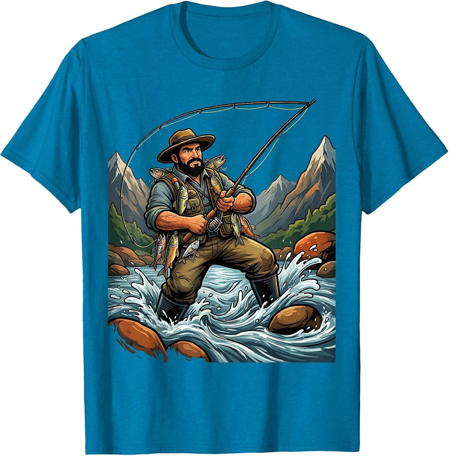 Fly Fisherman in Mountain Stream Graphic T-Shirt - Sapphire Blue