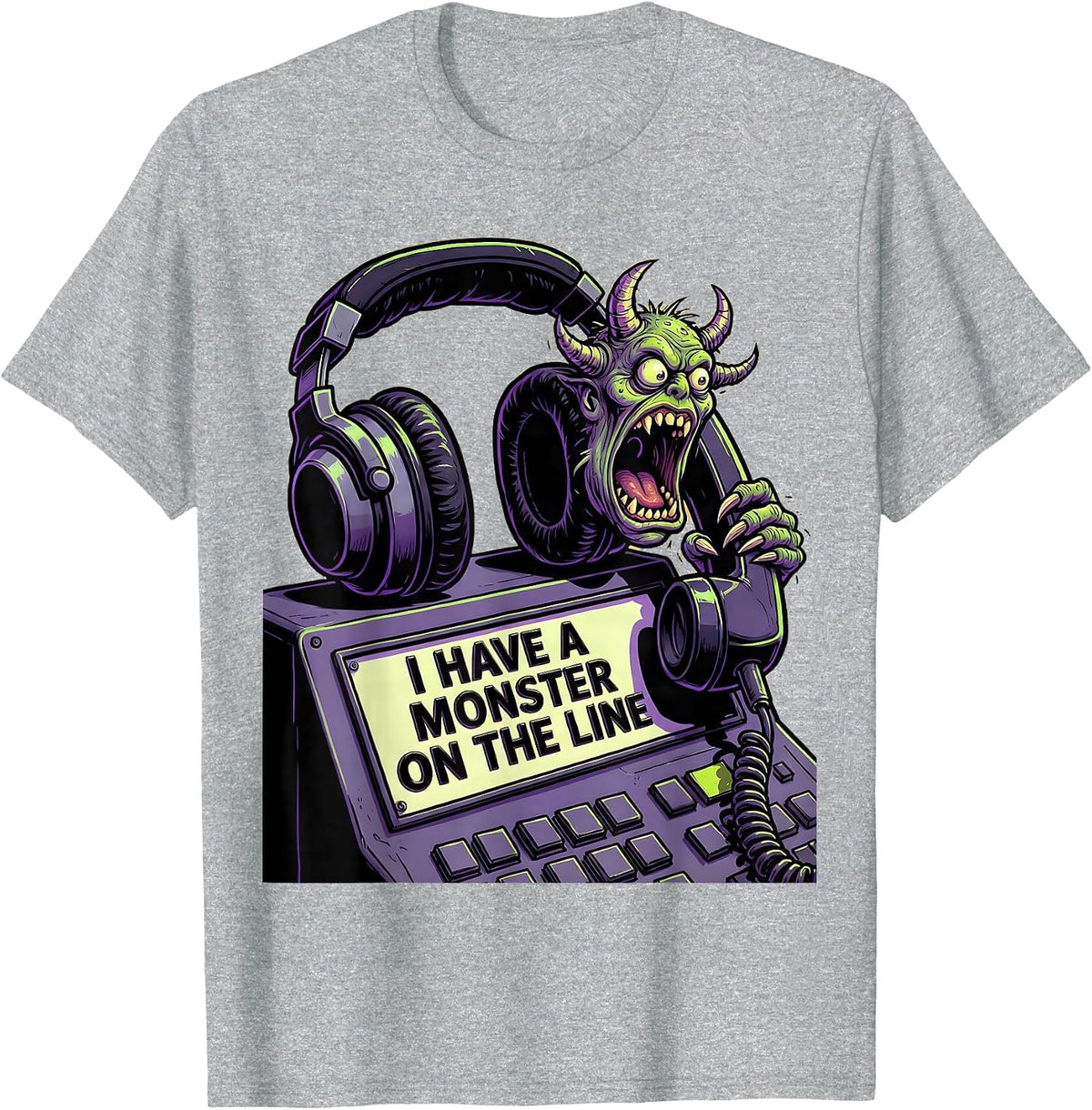 Men's I Have A Monster On The Line Cartoon Halloween Dispatcher T-Shirt - Heather Grey