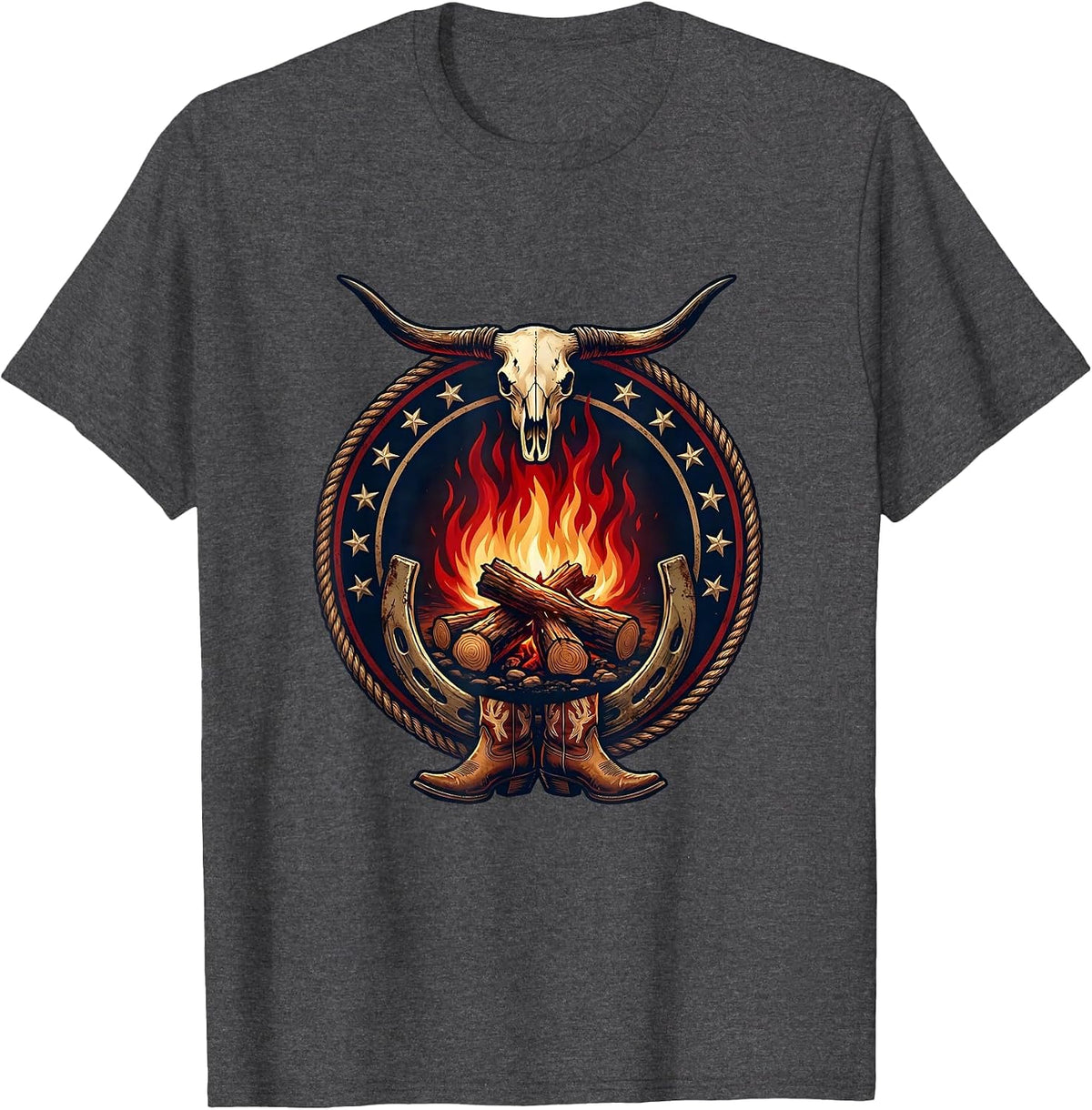 Campfire Under Starry Night Sky American Design T-Shirt - Dark Heather Grey