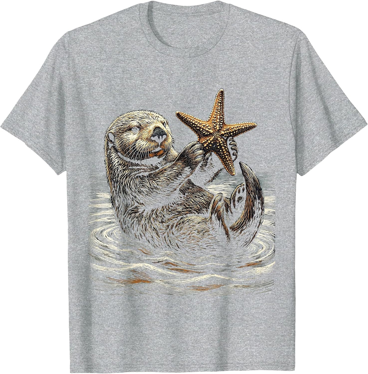 Men's Sea Otter Holding Starfish Above Water T-Shirt - Heather Grey