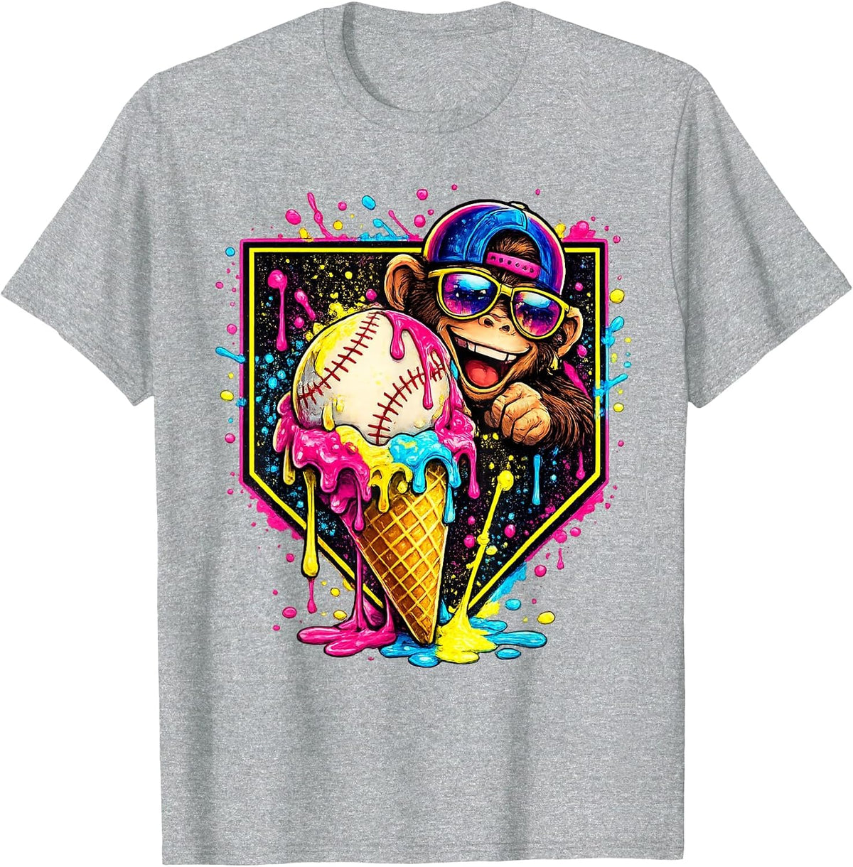 Monkey Funny Animals Baseball Ice Cream Drip Cool T-Shirt - Heather Grey