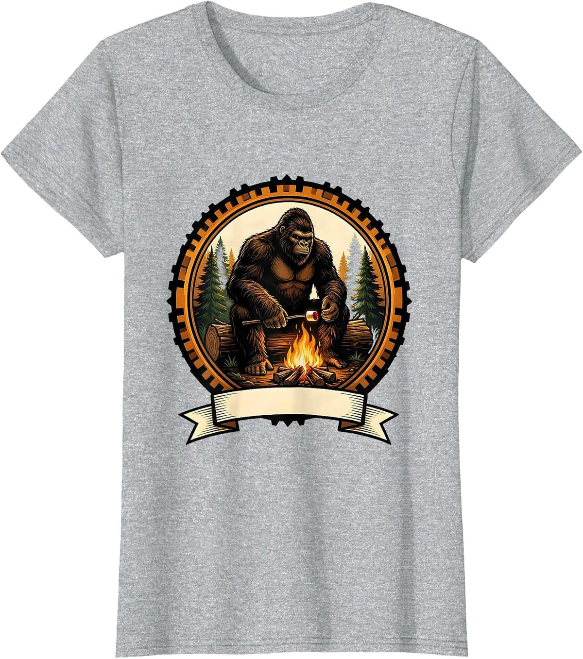 Sasquatch Roasting Marshmallow Campfire Design T-Shirt - Heather Grey