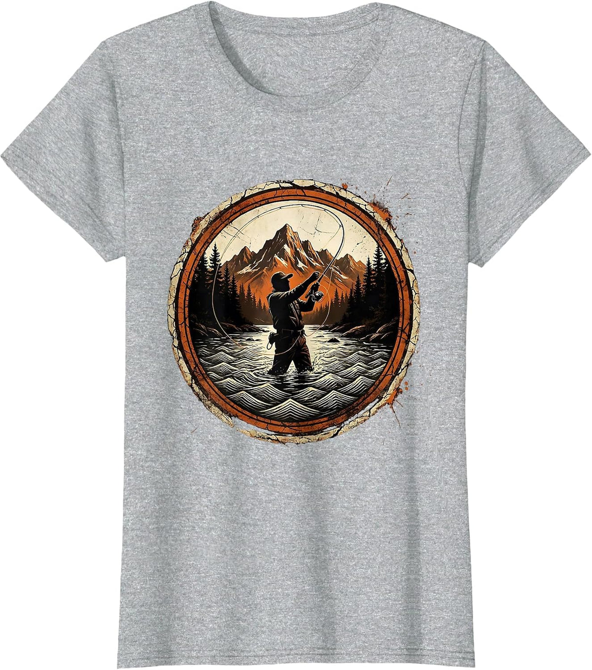 Fly Fishing Mountain River Graphic Design T-Shirt - Heather Grey