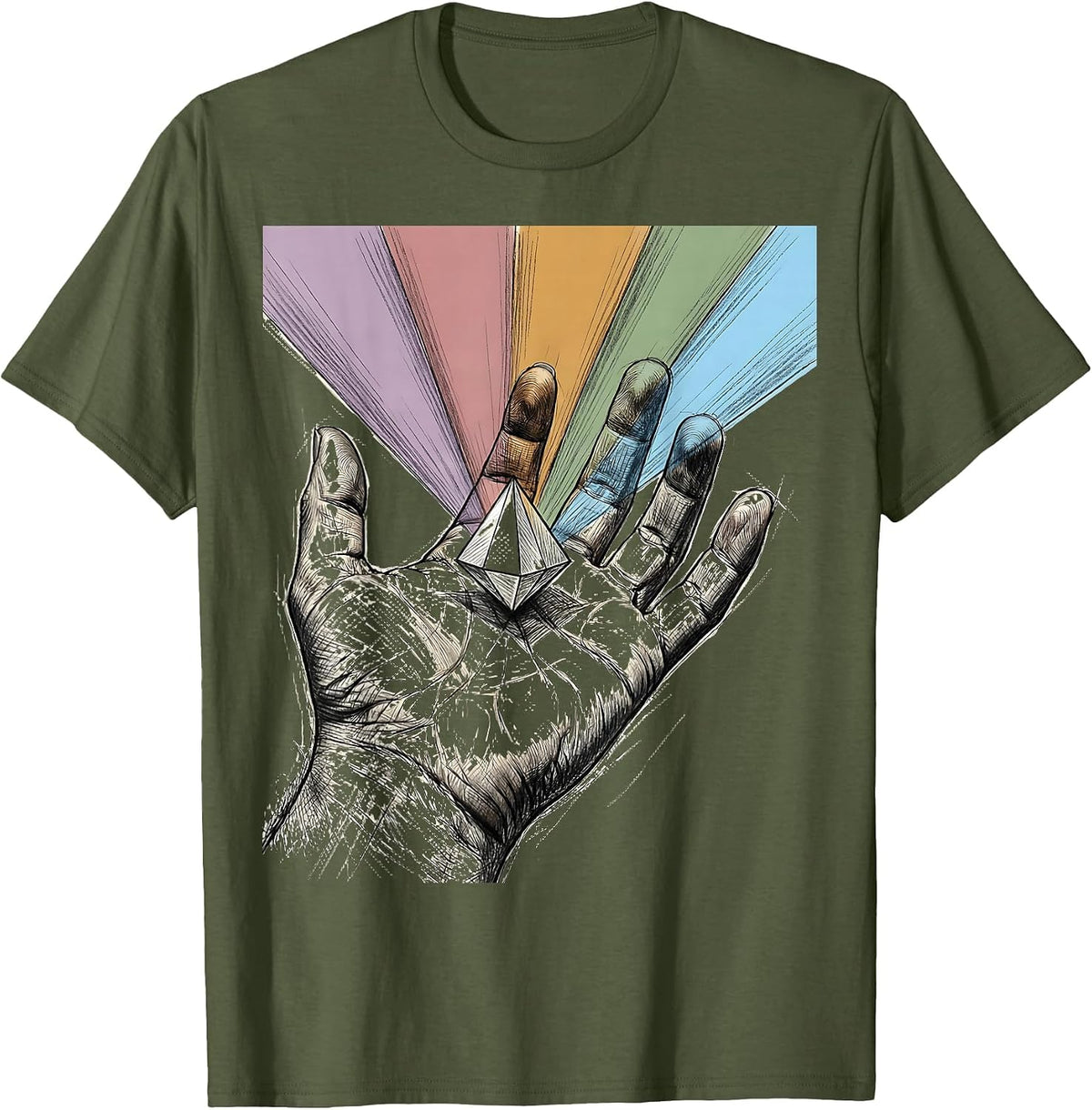 Autism Awareness Crystal Prism Spectrum Hand Art T-Shirt - Olive Green