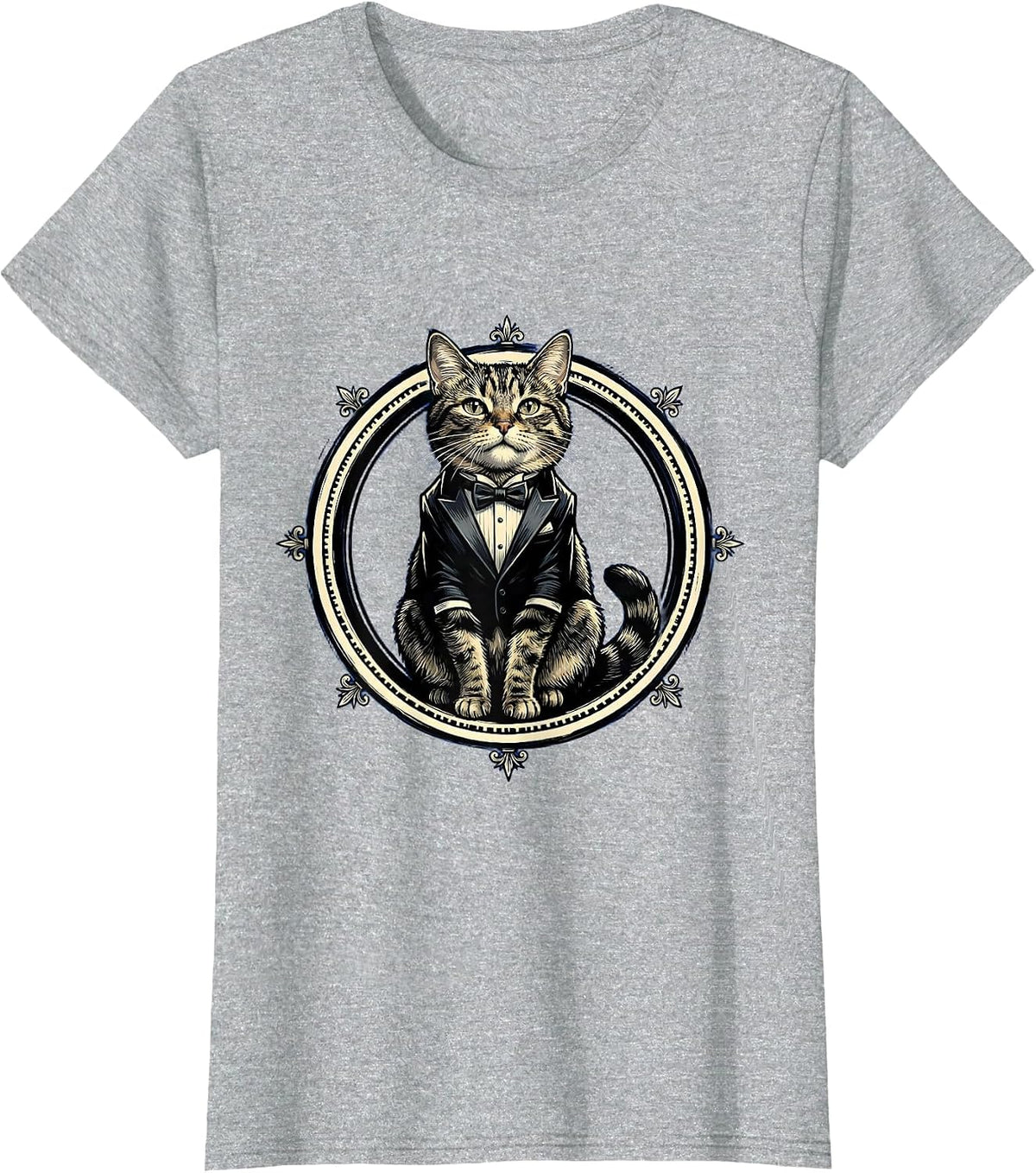 Dapper Cat in Miniature Tuxedo Illustration T-Shirt - Heather Grey