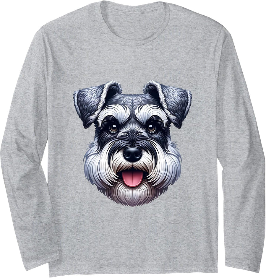 Happy Schnauzer Dog Lover Cute Puppy Face Long Sleeve T-Shirt - Adult Unisex Heather Grey