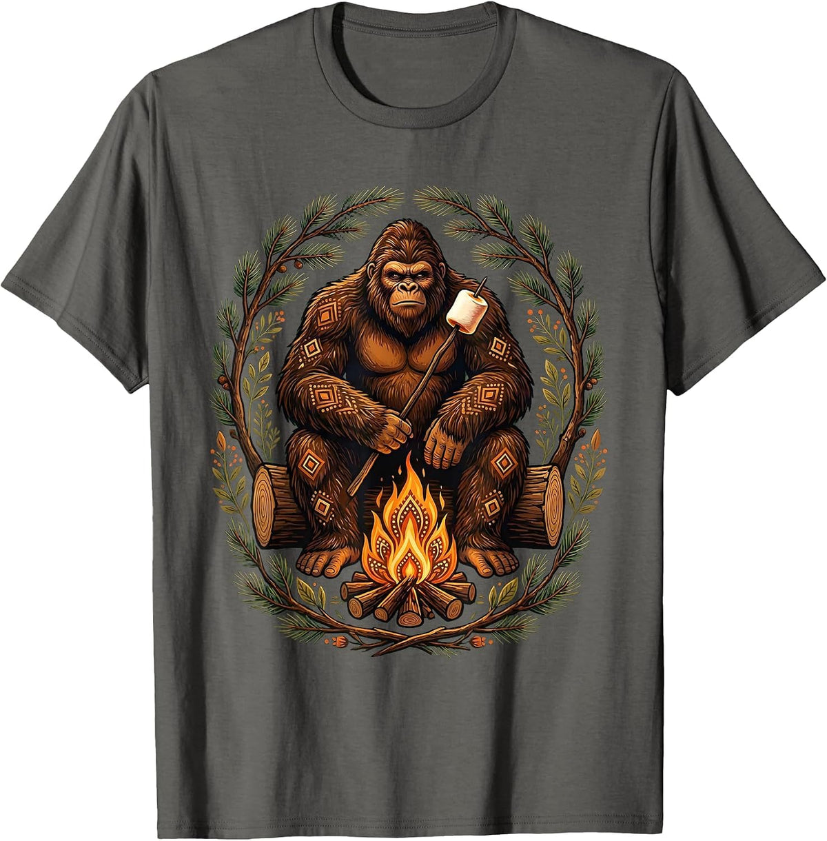 Sasquatch Roasting Marshmallow Over Campfire T-Shirt - Asphalt Grey