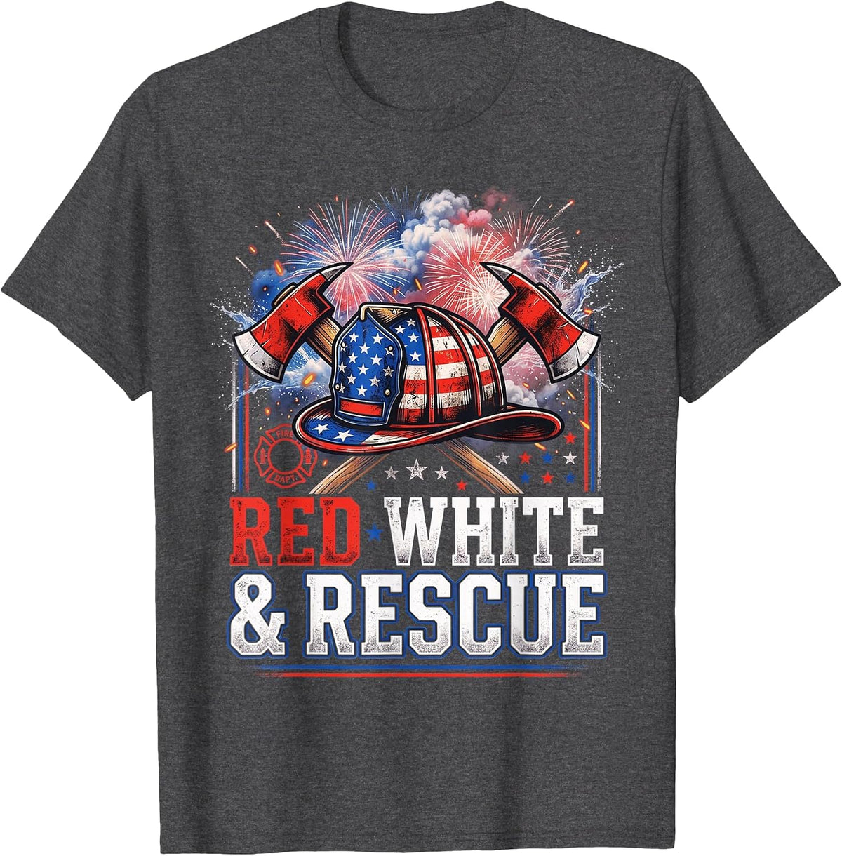 White Red Rescue 4th of July Patriotic Firefighter USA Flag T-Shirt - Dark Heather Grey