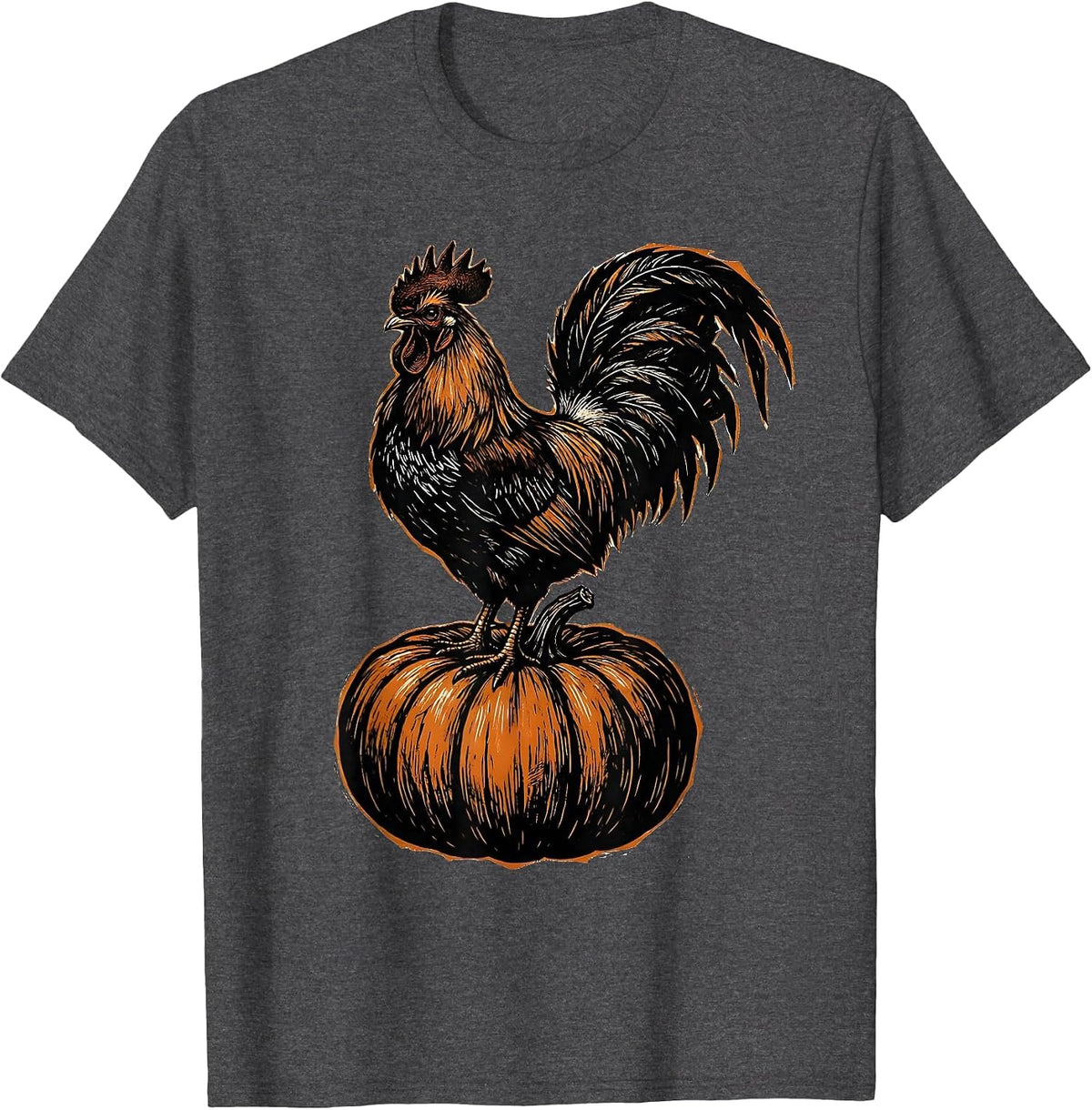 Rooster on a Pumpkin Proud Harvest Illustration T-Shirt - Dark Heather Grey