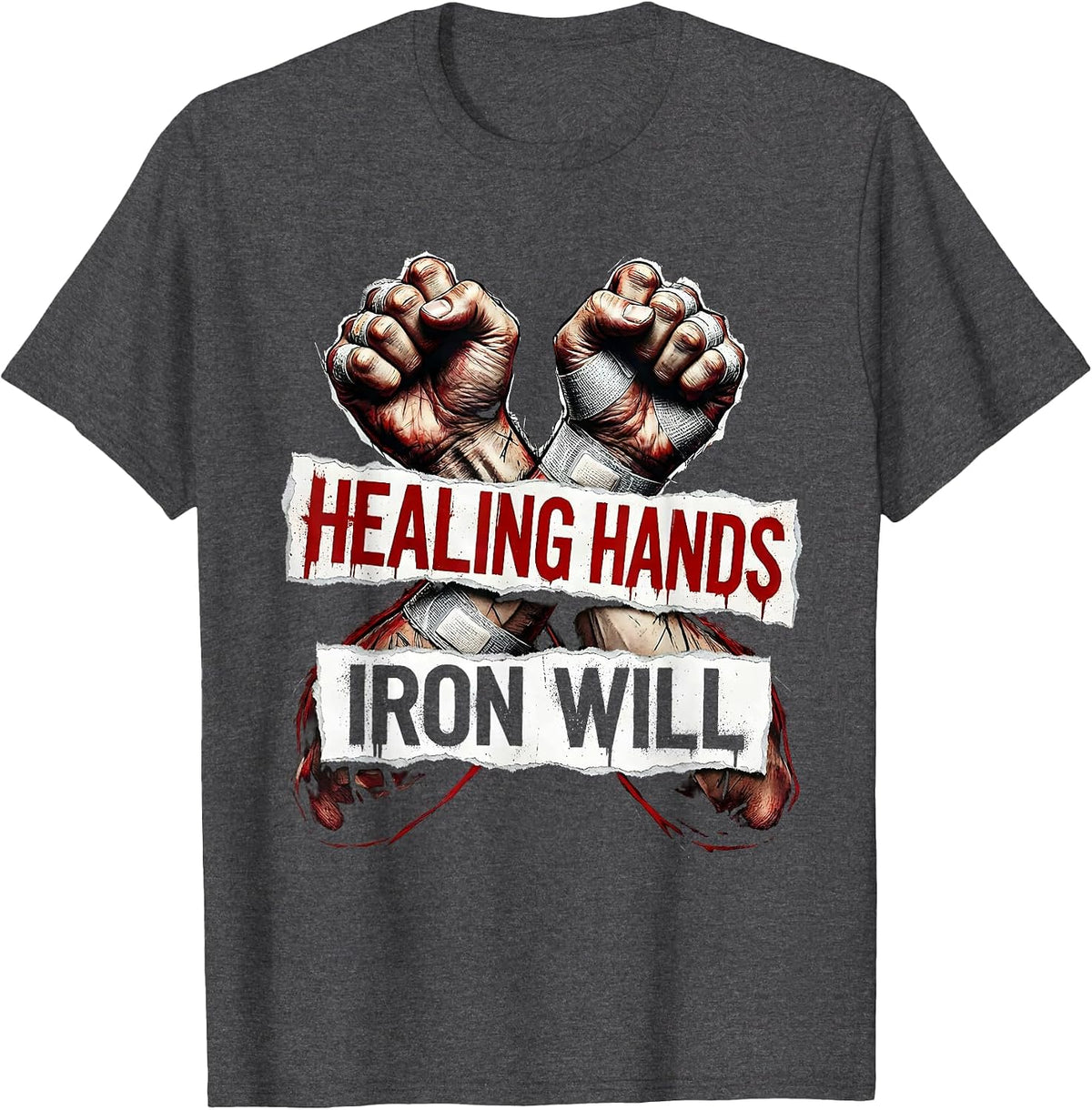 Healing Hands Iron Will CNA Nurse Design T-Shirt - Dark Heather Grey